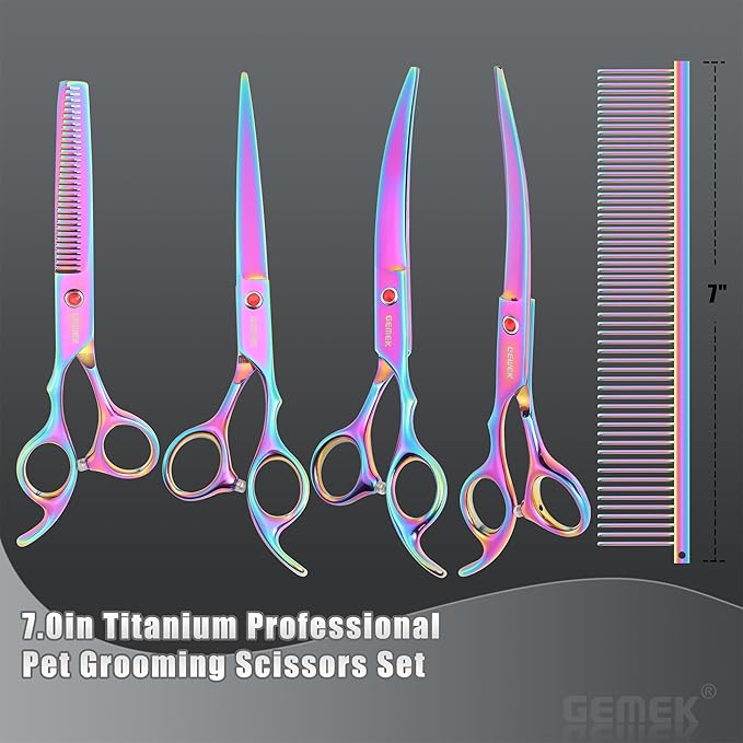7.0in Titanium Professional Pet Grooming Scissors Set, GEMEK 6 in 1 Straight & Thinning & Upwards Curved & Downwards Curved Scissors & Comb for Dogs, Cats (Rainbow)