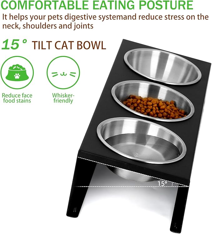 Upgraded Elevated Cat Food Bowl, 15° Tilt Stand Anti-Vomit Elevated Cat Food Bowl,3 Stainless Steel for Feeding and Drinking Pet Feeding Bowls, Pet Feeder for Cats and Puppies.