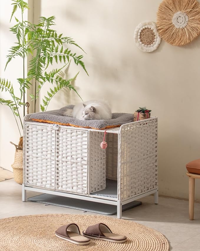 Cat Litter Box Enclosure Furniture with Divider, Handwoven Rattan Litter Box with Mat, 31.2 x 19.6 x 24.2 Inches, Metal Heightened Feet, Hidden Cat House for Living Room, Bedroom (White)