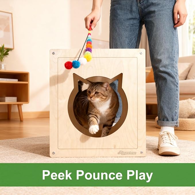 Cat House for Indoor Cats,Wooden Large Cat Bed Cave with 2 Soft Cushion,Warm Cozy Pet Hideaway for Kittens & Big Cats,17.7"x16.9"x19.68" Natural