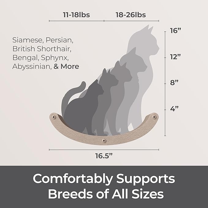 Wall Mounted Cat Hammock Bed by Pryde Pets - Floating Perch Curved Shelf, 100% Sustainable PET Felt Feline Enrichment Climber Furniture for Indoor Cats, Modern Climbing Gym Jungle Design (Oatmeal)