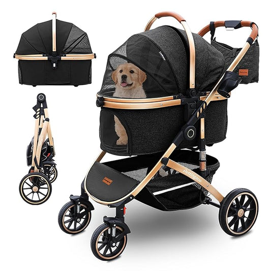 Pettingzoo Dog stroller with 4 Wheels, Folding Cat Stroller for Small/Medium/Large dogs & cats to 60 lbs, pet stroller with removable carrier, Storage Basket,Cup Holder,3 in1 Multifunctiona Detachable