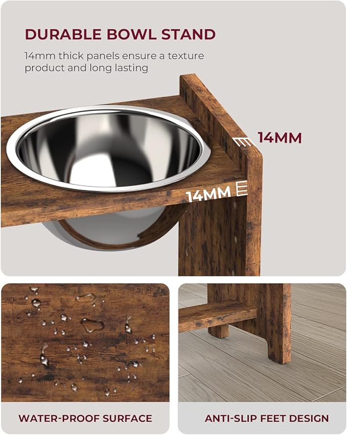 Vantic Elevated Dog Bowls, Adjustable Raised Dog Bowl Stand for Medium Sized Pet, Sturdy Particle Board Food Feeder with 2 Stainless Steel Dishes, Rustic Brown