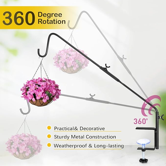 Heavy Duty Deck Hook, 31 Inch Deck Bird Feeder Hanger for Railing, Extended Metal Deck Hooks for Hanging Bird Feeders, Plants, Wind Chimes, Suet Baskets, Lanterns, 360° Swivel, Clamp Mounted, 2 Pack