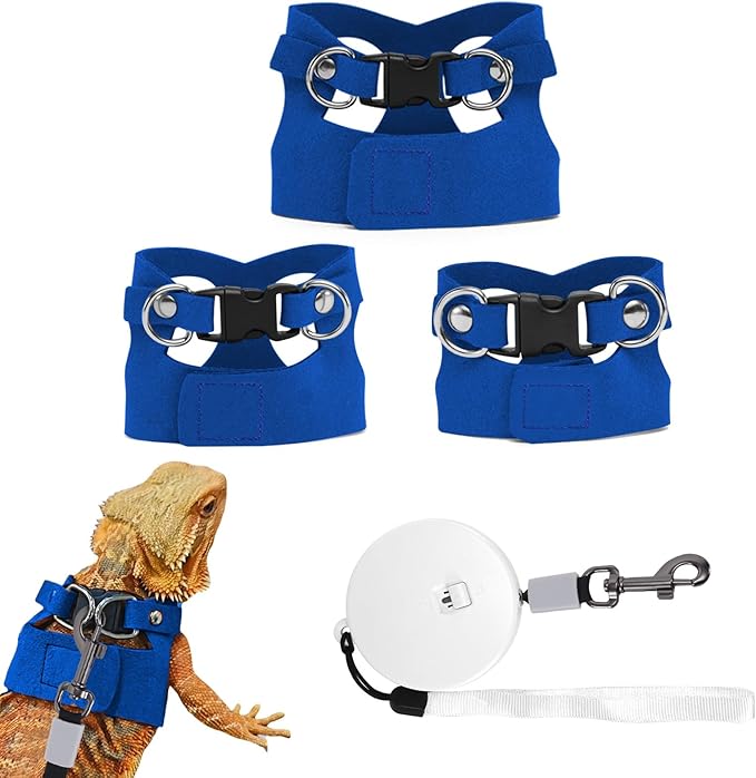 3 Pack Bearded Dragon Leash and Harness Set, Retractable 9.8FT Leash with 3 Sizes Adjustable Soft Harness for Reptile Small Animals Outdoor, Cute Lizard Vest Clothes for Reptile Lovers -Blue