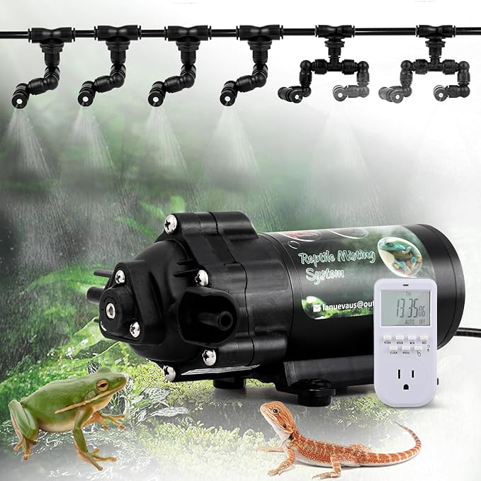 LANUEVA Reptile Humidifier, Quieter Mister Fogger for Terrarium with 4 Single Misting Nozzle + 2 Double Misting Nozzle, Automatic Spray System for Chameleon, Lizard, Snake, Frog (with Outlet Timer)