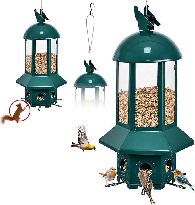 Professional Squirrel Proof Bird Feeders - Sorflife Large Capacity 5.06 lbs, Reliable and Rust Resistant Metal Bird Feeding Station for Prevents Squirrels from Stealing Food and Easy Refilling Green
