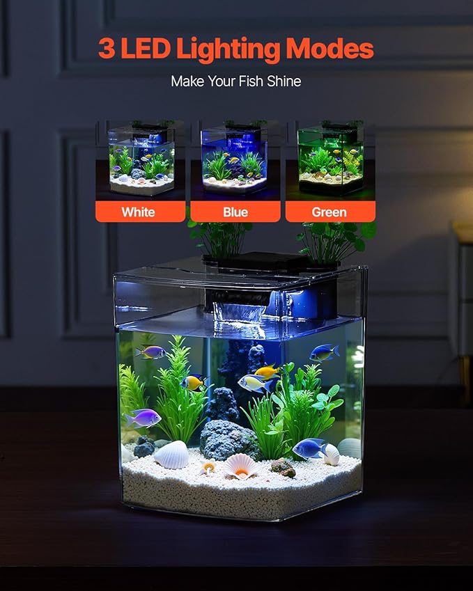 VEVOR Fish Tank Aquarium, 2 Gallon Arch Ultra-Clear GPPS Starter Smart Tank Adjustable 3 Color Lighting, Self Cleaning System Fishbowl for Freshwater & Saltwater Fish Home, Office, or Pet Use