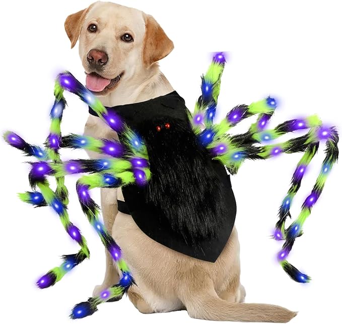 Dog Halloween Costume Large Breed, Furry Dog Spider Costume with 64 LED, Funny Halloween Dogs Costumes for Large Dogs Medium Pet Halloween Party Cosplay (Green)