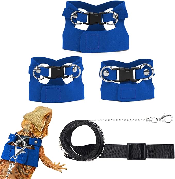 3 Pack Bearded Dragon Leash and Harness Set for Small Animals, 6.5FT Leash with 3 Sizes Adjustable Harness for Lizard Walking Adventure, Soft Vest Clothes for Squirrel Reptile Lovers -Blue