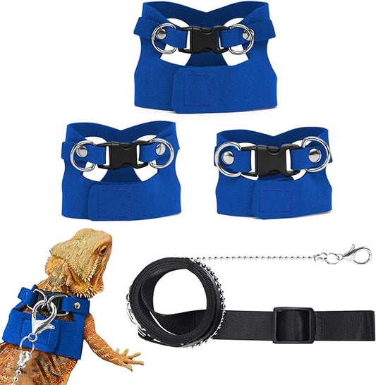 3 Pack Bearded Dragon Leash and Harness Set for Small Animals, 6.5FT Leash with 3 Sizes Adjustable Harness for Lizard Walking Adventure, Soft Vest Clothes for Squirrel Reptile Lovers -Blue