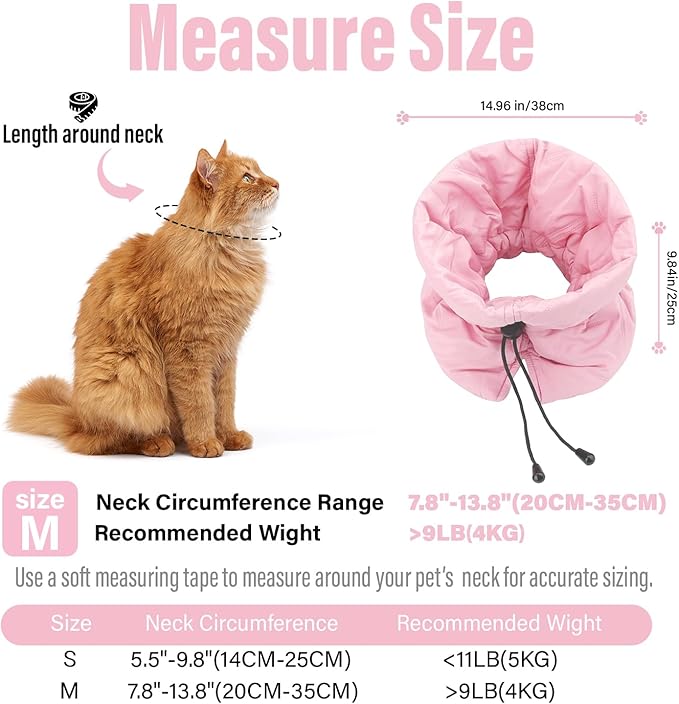 Cat Recovery Collar, Soft Adjustable Cone for Cats and Kittens, Lightweight Waterproof Elizabethan Collar for After-Surgery Care, Prevent Licking and Scratching, Neck Protector for Pets（Pink,M）