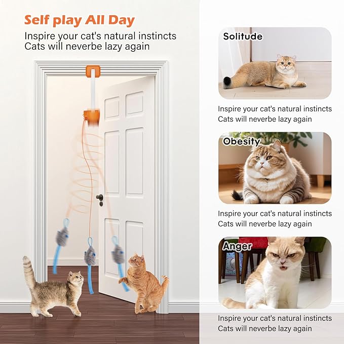 Rechargeable Electric Cat Teaser with Remote – Interactive Door Clip Toy for Cats, 2 Motion Modes (360° Spin & Irregular Jumping), Smart Auto Cat Toy for Exercise & Fun (Orange)