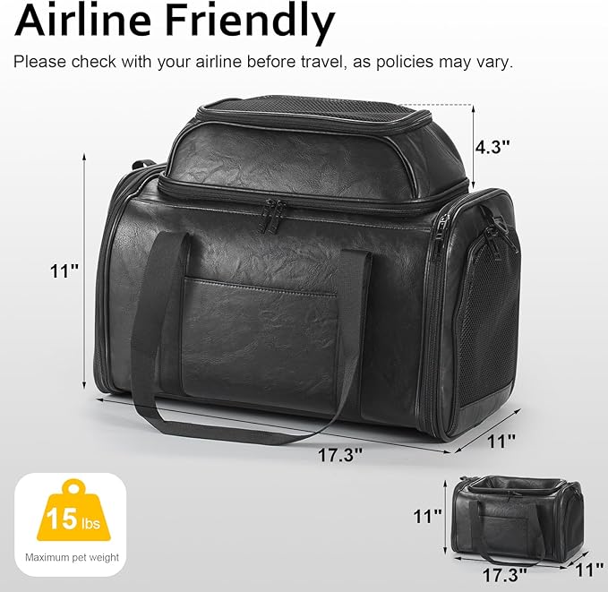 Premium Leather Top Expandable Pet Carrier for Small Dogs & Cats Under 15 lbs, Airline Approved Collapsible Soft-Sided Luxury Travel Bag Black