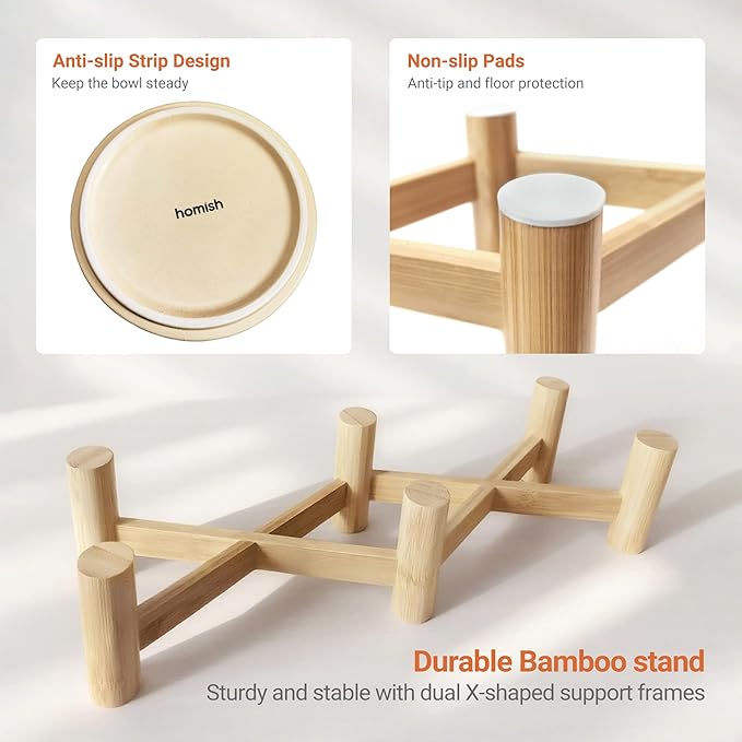 Elevated Dog Bowl & Cat Dish 27oz – Raised Ceramic Pet Food and Water Bowls with Bamboo Stand, Feeding Station for Small & Medium Pets, Prevents Neck Strain – Durable, Premium Quality by Homish