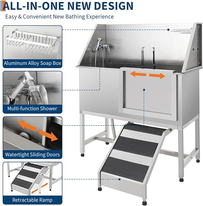Stainless Steel Dog Washing Station - Dog Bath Tub for Large, Medium, Small Dogs, Pet Grooming Tub with Ramp, Non-Slip Grate, Shower, Soap Box, Faucet, Drain for Home & Outdoor （Right RAMP, 50"）