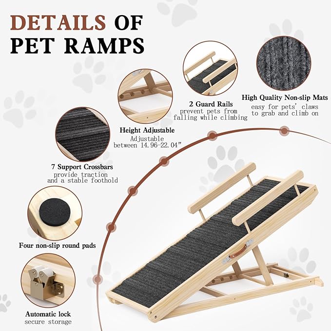 Dog Ramp for Bed, Couch, Car, Folding Pet Ramps 44.48" Long Adjustable 15"-22" Wooden Stairs with High Traction Mat & Safety Side Rails for Small & Medium Old Dogs & Cats, up to 200 lbs