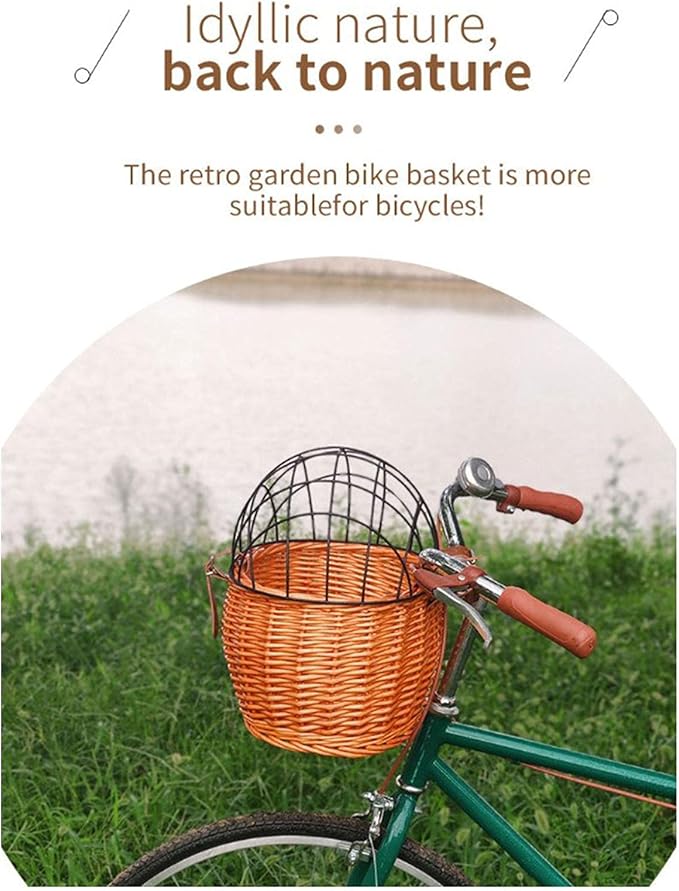 Wicker Bike Basket for Small Dogs Cats Pet Carrier Front Basket with Wire Mesh Cover (Honey Color)