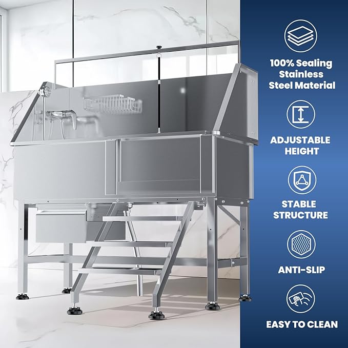 Professional 46" Dog Washing Station, Stainless Steel Dog Bathing Station, Height Adjustable Dog Wash Station, Storage Drawer, Upgrade Parts, Home, Commercial (Right Step)