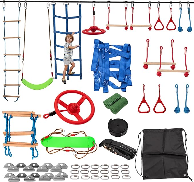 Slsy 60FT Ninja Warrior Obstacle Course (10 Obstacles), Ninja Slackline Kit for Kids, Durable Playset Equipment with 10 Complete Set-Monkey Bar,Swing, Climbing Ladder & Net
