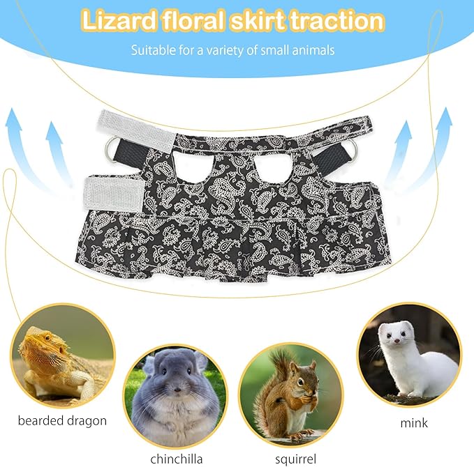 Lizard Harness Dress and Leash, Adjustable Hamster Ferret Harness and Leash Set, No-Pull Walking Vest for Lizard Small Animal Gecko Chameleon (Black M
