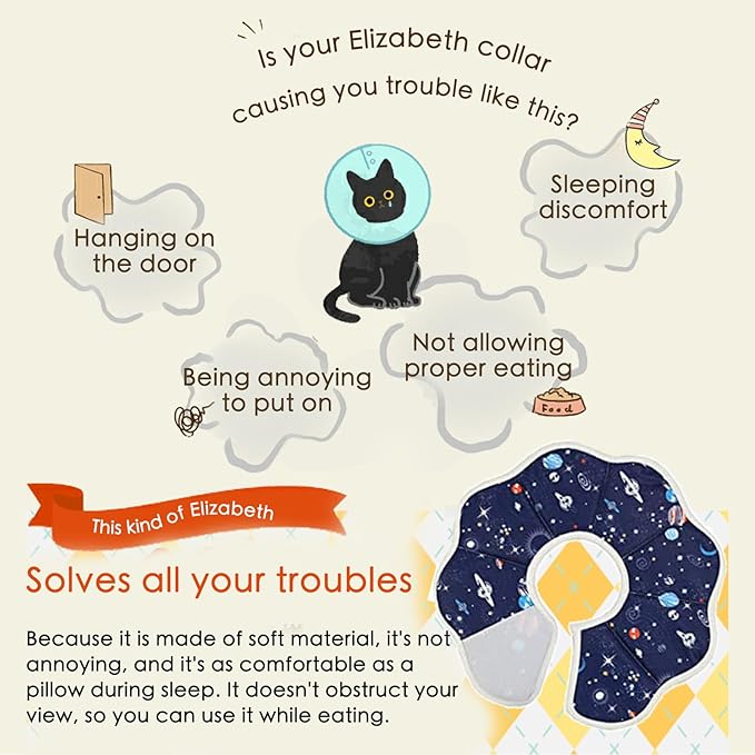 Soft Cat Recovery Collar,Adjustable Cat Cone,Protective Cone Collar After Surgery for Cats (Starry Sky, M)