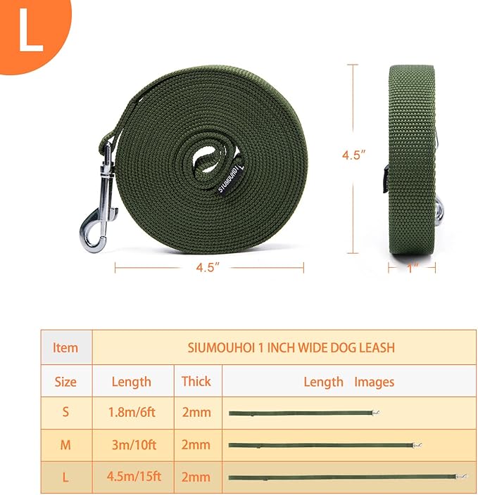 Strong Durable Nylon Dog Training Leash, 1 Inch Wide Traction Rope, 6 ft 10ft 15ft Long, for Small and Medium Dog (Military Green, 15 Feet)