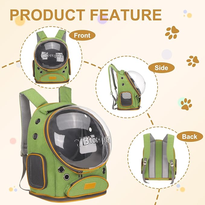 Pet Backpack Carrier, Portable and Ventilated, Oxford Cloth, Dog Cat Travel Bag with Transparent Cover 12.6", (Green, 1 Pcs), Intended for Hiking/Camping/Traveling