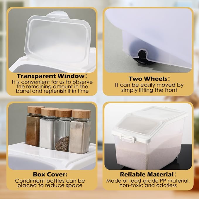 Sunnyray 4 Pcs Rice Storage Container 27.5 lb Airtight Flour Container with Wheels Measuring Cup White Pet Food Dog Cat Birds Food Bin Grain Cereal Organizer Box for Dry Baking Supplies