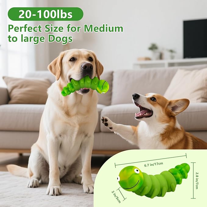 Caterpillar Dog Chew Toys for Aggressive Chewers, Tough Indestructible Squeaky Dog Toy with Beef Flavor Nylon Rubber for Large Medium Dogs to Keep Them Busy and Reduce Boredom (Green)