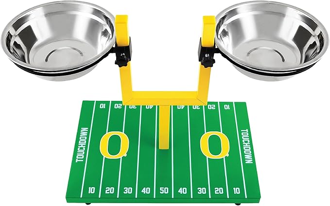 NCAA Oregon Ducks Goalpost Dog Feeder – Adjustable Elevated Dog Bowls with Stand, 2 Stainless Steel Bowls, Non-Slip Rubber Feet, Raised Pet Feeder for Large & Small Dogs