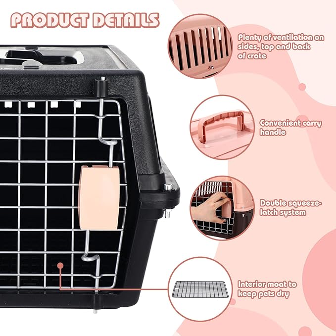 2 Set Pet Carrier for Small Dogs and Cat, Hard Shell Plastic Dog Crate with Bowl and Cooling Pad Fully Breathable Portable Kennel for Small Pet Travel Camp(Black,18.9 x 12.6 x 11.8 Inch)