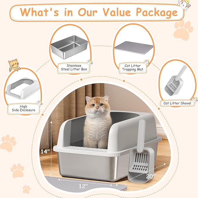 2 Pack Stainless Steel Litter Box witn High Sides, Extra Large cat Litter Box with Lid, Metal Litter Boxes for Multiple Cats, Anti-Leakage,Non-Stick, Easy to Clean, Included Cat Litter Mat, Scoop