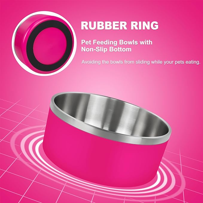 LIHONG Stainless Steel Dog Bowls for Large Dogs,Dog Food Water Bowls with Non Slip Rubber Bottom,Pet Feeding Bowl,Double Wall Insulated,Rustproof(64oz,Pitaya Pink)