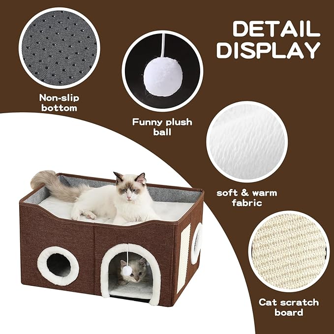Large Cat Bed for Indoor Cats, Extra Wide Cat Cave House with Scratch Pad and Fluffy Ball, Foldable Cat Hideaway for Kitten Bed, Cat Condo for Cats (Brown, X-Large)