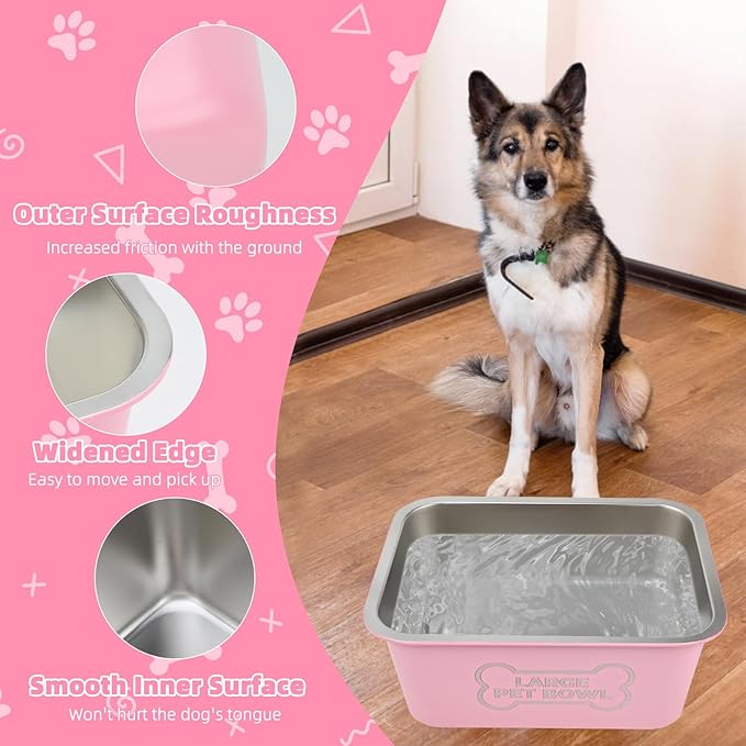 3 Gallons Large Dog Water Bowl, High Capacity Stainless Steel Dog Bowls, Indoor Outdoor Water Bowl for Dogs Metal Pet Food Dish for Medium Large Giant Breed Easy to Clean (Pink)