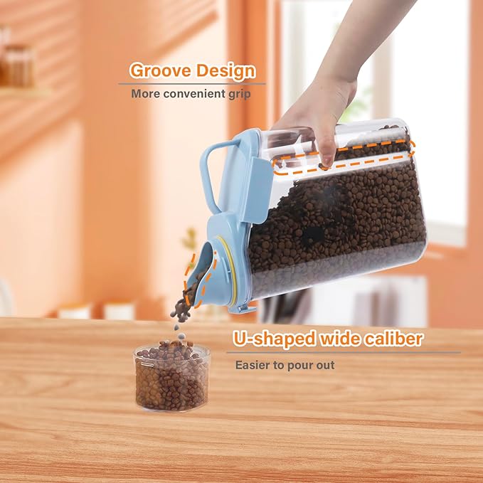 Airtight Dog & Cat Food Container - Measuring Cup/Pour Spout - Portable, Transparent - Blue