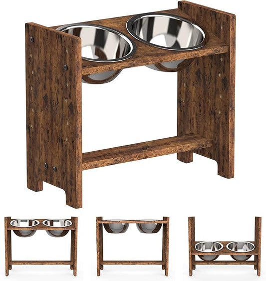 Vantic Elevated Dog Bowls, Adjustable Raised Dog Bowl Stand for Medium Sized Pet, Sturdy Particle Board Food Feeder with 2 Stainless Steel Dishes, Rustic Brown