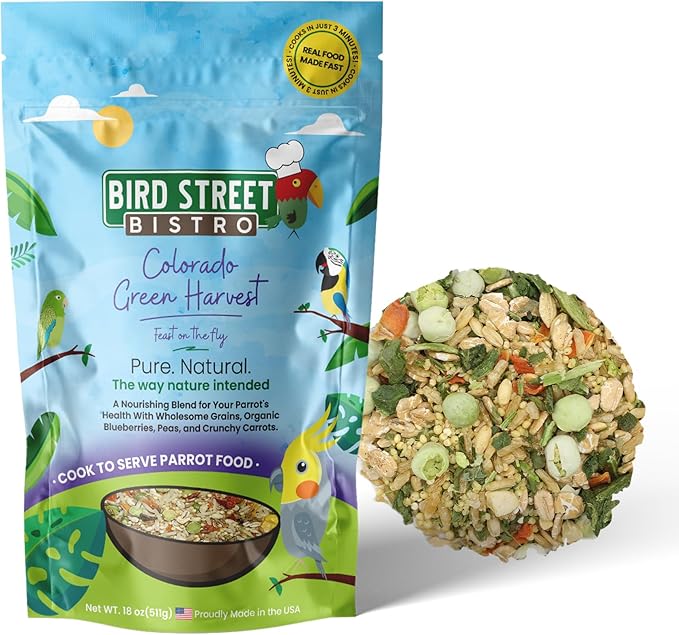 Bird Street Bistro Parrot Food for Parakeets & Cockatiels - Colorado Green Harvest - 18 oz - Cooks in 3-15 min, Natural & Organic Grains, Fruits & Vegetables - USA Made