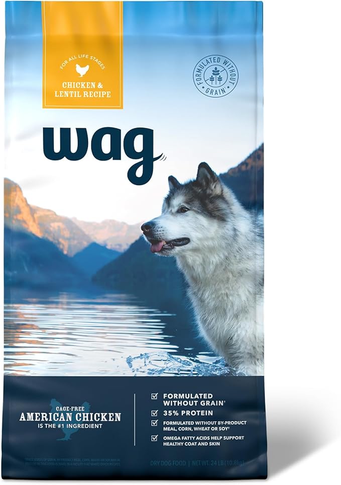 Amazon Brand - Wag Dry Dog Food Grain-Free Chicken & Lentil Recipe, High Protein (24 lb bag)