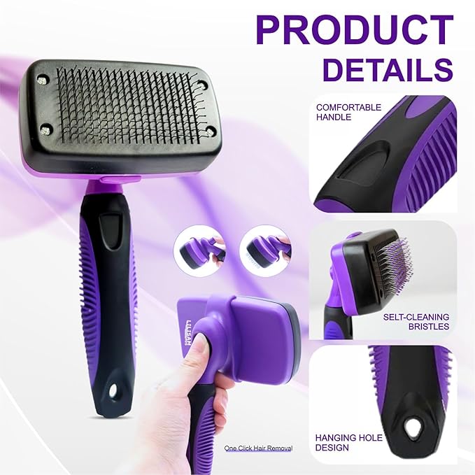 Pet Self Cleaning Slicker Brush and Grooming Comb - Gently Removes Loose Hair, Tangles, and Dirt - Skin Friendly Deshedding Grooming Tool for Hair Dogs & Cats - Pet Supplies Accessories (Purple)