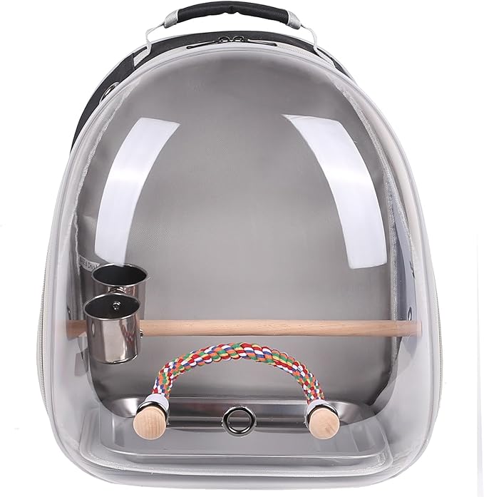 Bird Traval Carrier Cage, Multi Vent Holes Clear Space Capsule Astronaut Backpack to Carry Parakeet Cockatiel Parrot with Metal Tray Wood Perch, Vet Transport Book Bag