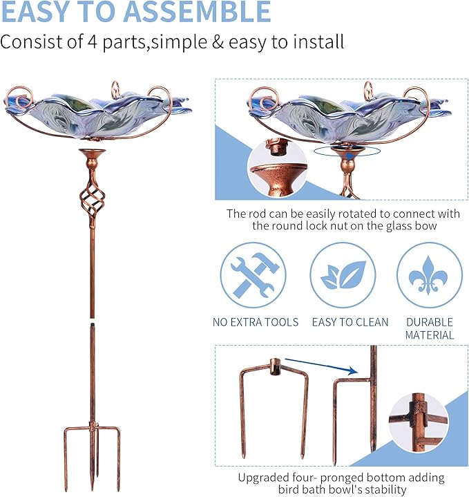 VCUTEKA Glass Bird Bath Outdoor BirdBath Bird Feeder with Metal Stake Garden Decor
