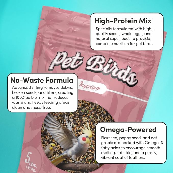 Mycelium Pet Bird Protein | High-Protein Bird Seed for Canaries, Parrotlets, Parakeets | Organic Mix with Vitamins, Nyjer, Egg, Canary & Flaxseed | Feather & Energy Support | Non-GMO 5 lb Bag