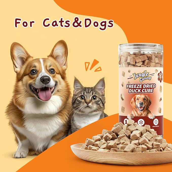 Jungle Calling Freeze Dried Cat Treats, 9.17 oz Single Ingredient Duck Meat for Cats Puppy Dogs, High Protein Food Topper Cube Healthy Dog Treat, Rawhide Free Snacks for Training Bites