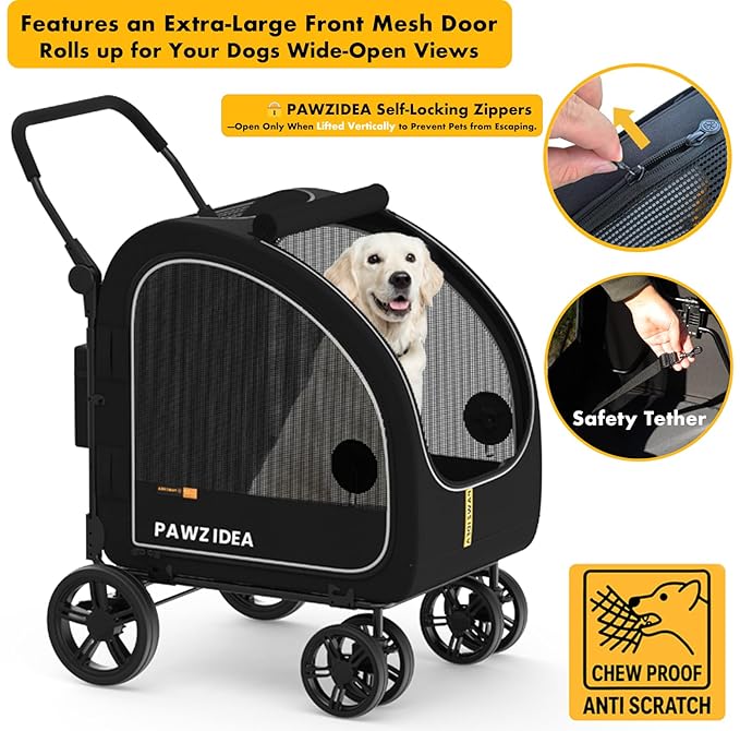 PAWZIDEA Large Dog Stroller with Detachable Carrier, Portable Dog Crate for Car Travel, Multiple Pet Strollers for Medium Dogs up to 80lbs, Adjustable Handle, All-Terrain 9” Wheels, Storage Organizer