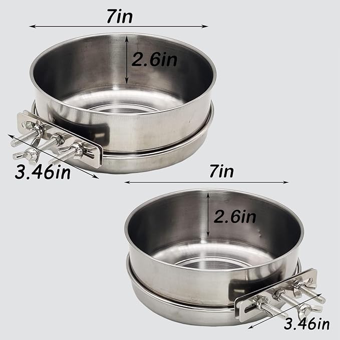 Hamiledyi 2 Pcs Dog Crate Bowl Stainless Steel Puppy Bowls Sturdy Spill-Proof Pet Water Bowl Hanging Water/Food Metal Bowls for Puppy Medium-Sized Dogs Cats (7'' x 2.6'')