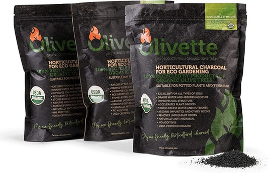 Olivette Horticultural Biochar Activated Charcoal for Plants, USDA Organic Moisture Control for Terrarium Trees & Potted Plants, Eco-Conscious, 3 Bags