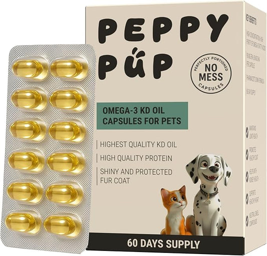 Peppy Pup Omega-3 KD Oil Capsules for Pets, Omega 3 for Dogs and Cats, Fish Oil for Dogs and Cats, Pet Vitamins and Supplements, Pet Fish Oil, Supports Healthy Heart, Dog Coat Defense, 60 Day Supply
