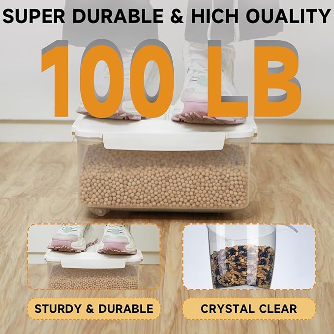 LivLab Mker Rice Storage Container 20 lbs - 15 lbs Airtight Flour Dispenser with Lids & wheel, BPA Free, kitchen organizers for Pet/Cat/Dog Food Storage Container (10 lbs), White